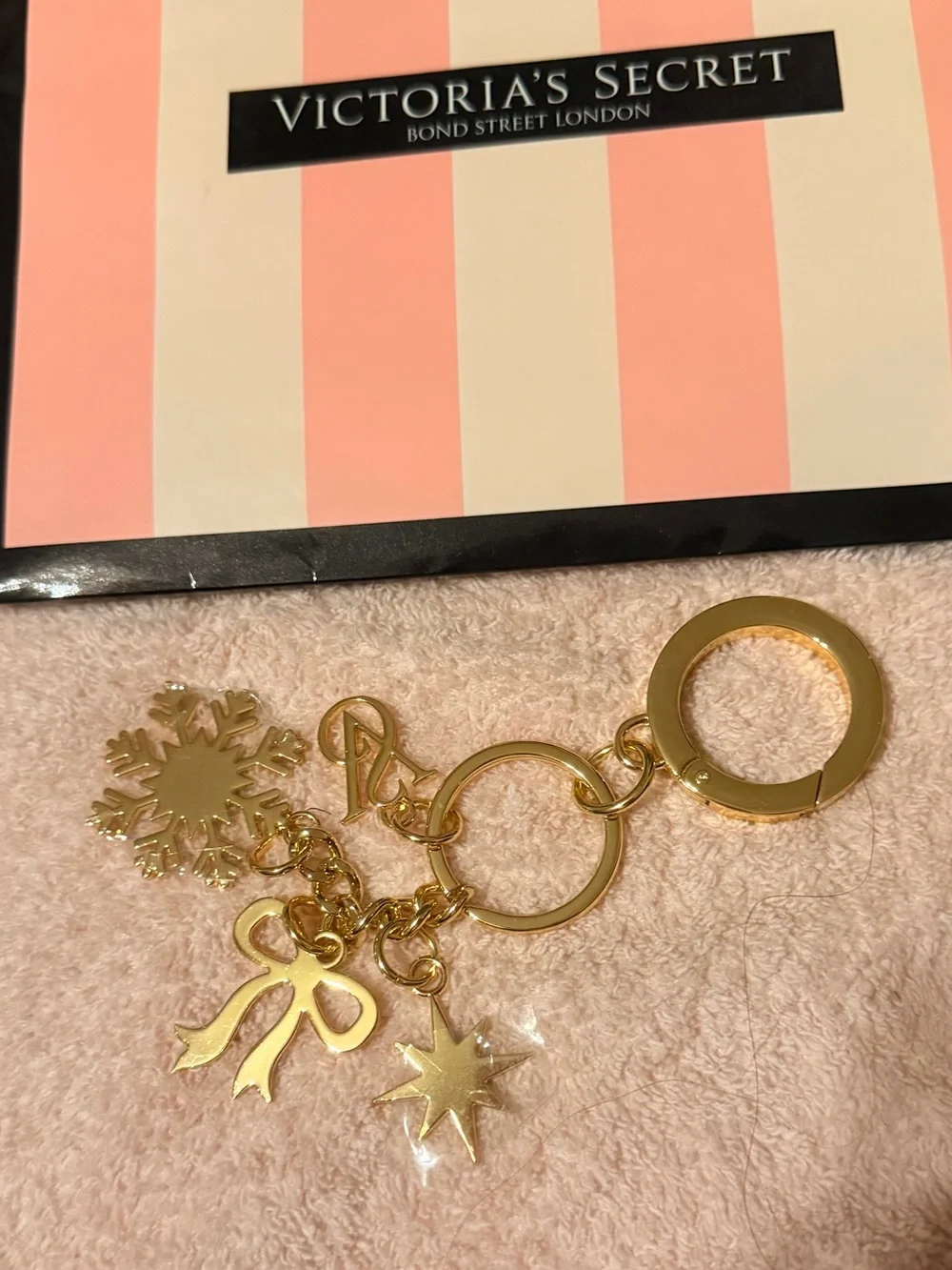 Victoria's Secret Gold Charm Keychain-Bag Charm With Bow & Snowflakes